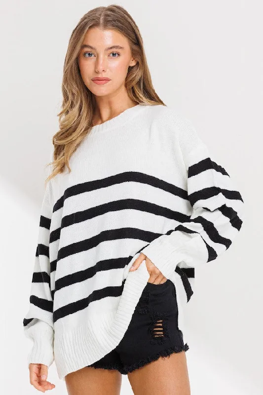 Ivory Striped Oversized Side Slit Sweater Zippered Buttoned Snapped