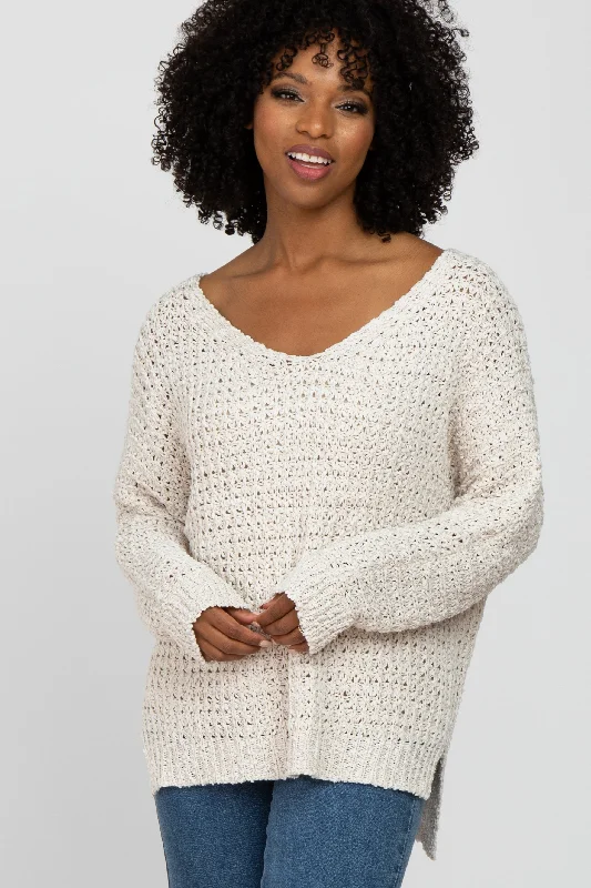 Ivory V-Neck Side Slit Thick Knit Sweater Tailored Straight A-Line