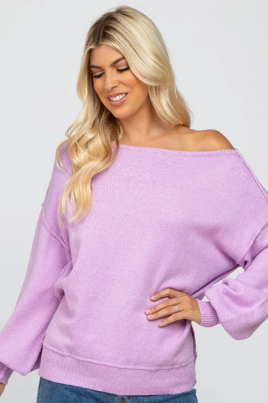 Lavender Boat Neck Bubble Sleeve Sweater Wool Sweater Cotton Sweater Cashmere Sweater
