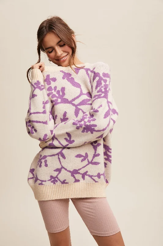 Lavender Floral Drop Shoulder Sweater Ribbed Striped Patterned
