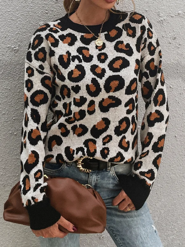 Hazel Blues® |  Leopard Round Neck Dropped Shoulder Sweater Polka Dot Checkered Tartan
