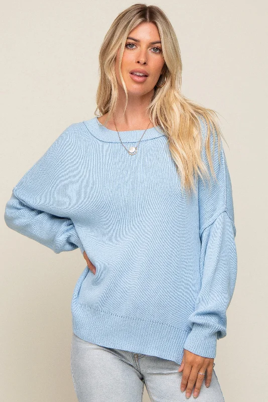 Light Blue Exposed Seam Side Slit Sweater Turtle Neck Boat Neck Asymmetrical Neck