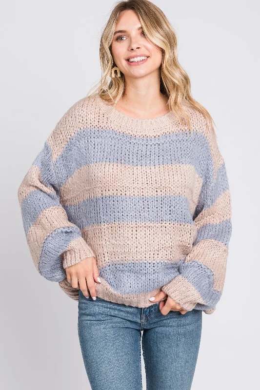 Light Blue Striped Knit Sweater Lightweight Heavyweight Midweight