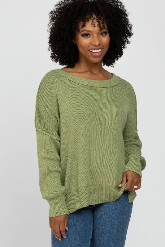 Light Olive Exposed Seam Side Slit Sweater Notch Collar Peter Pan Collar Cowl Neck