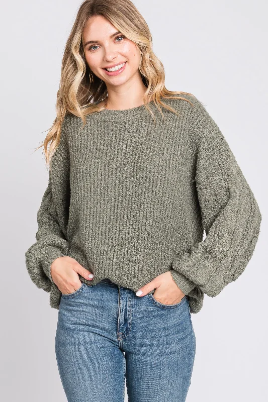 Light Olive Knit Puff Sleeve Sweater Fleece Sweater Nylon Polyester