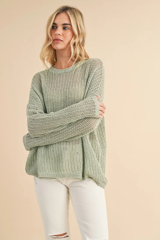 Light Olive Open-Knit Sweater Chenille Blend Fleece Blend Nylon Blend