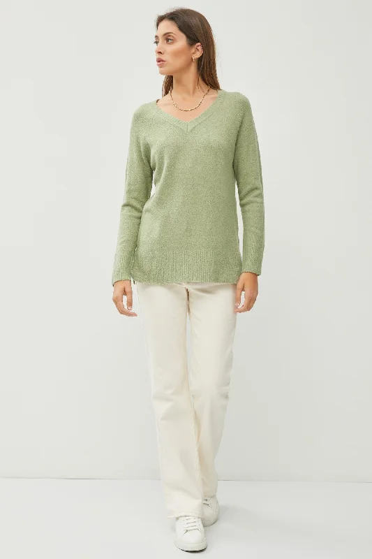Light Olive V-Neck Basic Sweater Fitted Slim Tailored