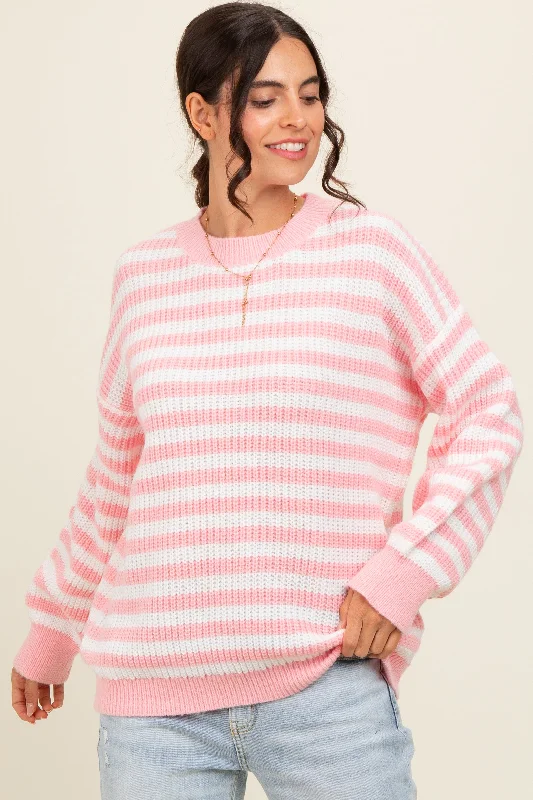 Light Pink Striped Crew Neck Sweater Jersey Fabric Tulle Fabric Batik Fabric