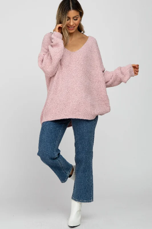Light Pink V-Neck Soft Sweater Lace Blend Ribbed Blend Corduroy Blend