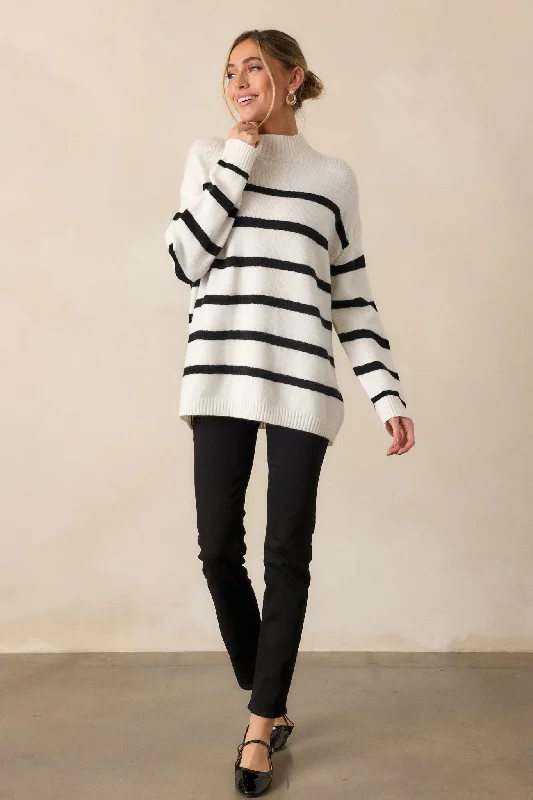 Looks Of Love White Stripe Mock Neck Sweater Collared Crew Neck Turtle Neck