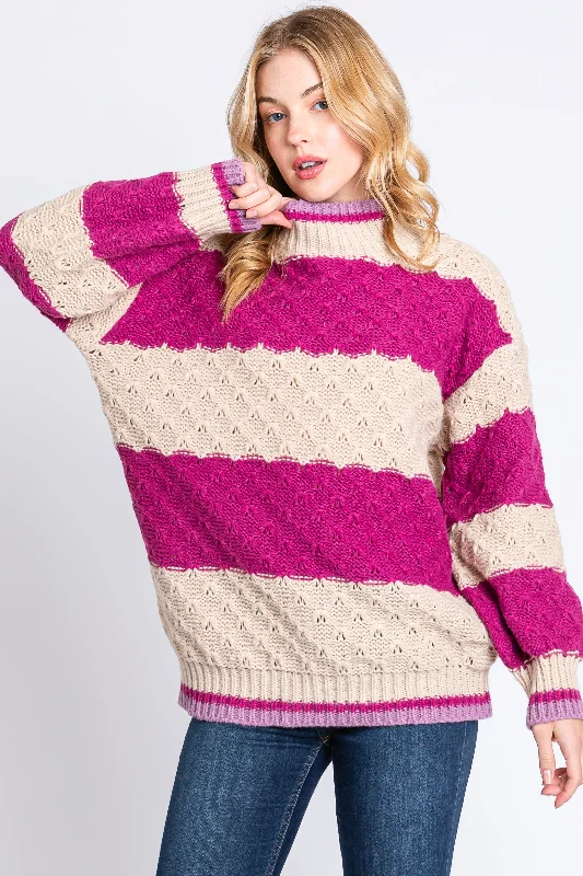 Magenta Striped Mock Neck Sweater Faux Fur Fabric Real Fur Fabric Shearling Fabric