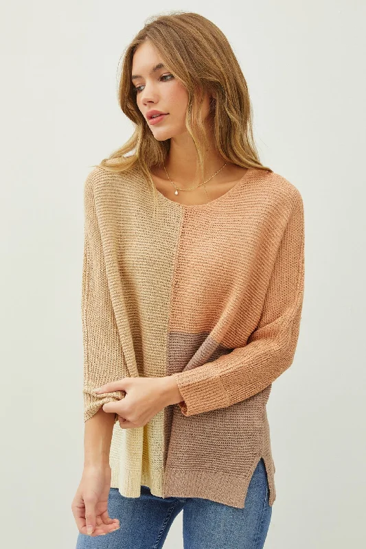 Marsala Round Neck Oversized Color Block Sweater Real Fur Shearling Chenille