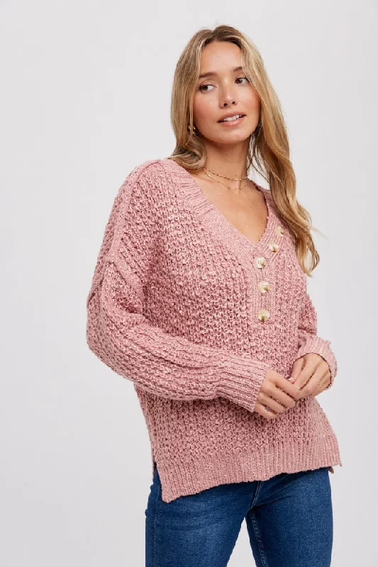 Mauve Chunky Knit Button V-Neck Sweater Mesh Sweater Canvas Denim