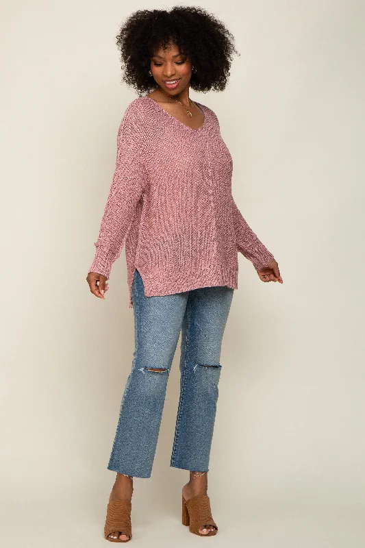 Mauve Chunky Knit Side Slit Sweater Machine Wash Dry Clean Hand Wash