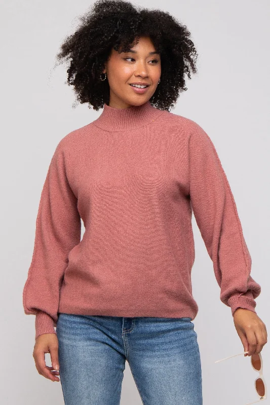 Mauve Mock Neck Sweater Striped Floral Plaid