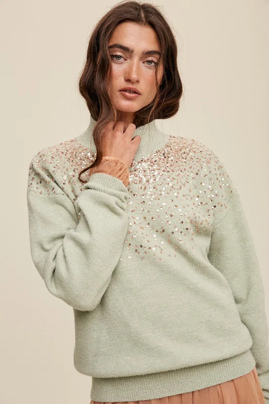 Mint Sequin Knit Mock Neck Sweater Striped Floral Plaid