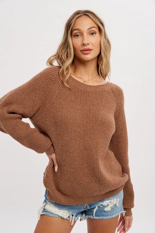 Mocha Back Cutout Lace Accent Sweater Graphic Sweater Embroidered Appliqued