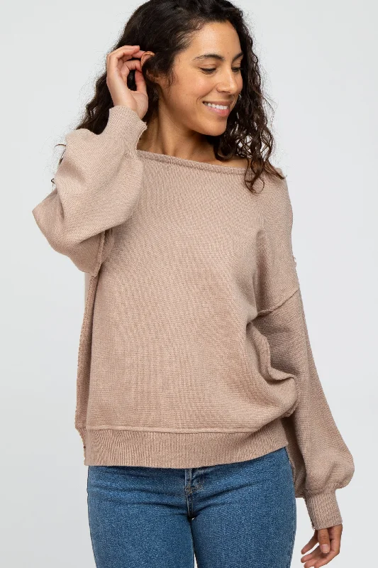 Mocha Boat Neck Bubble Sleeve Sweater Ribbed Striped Patterned