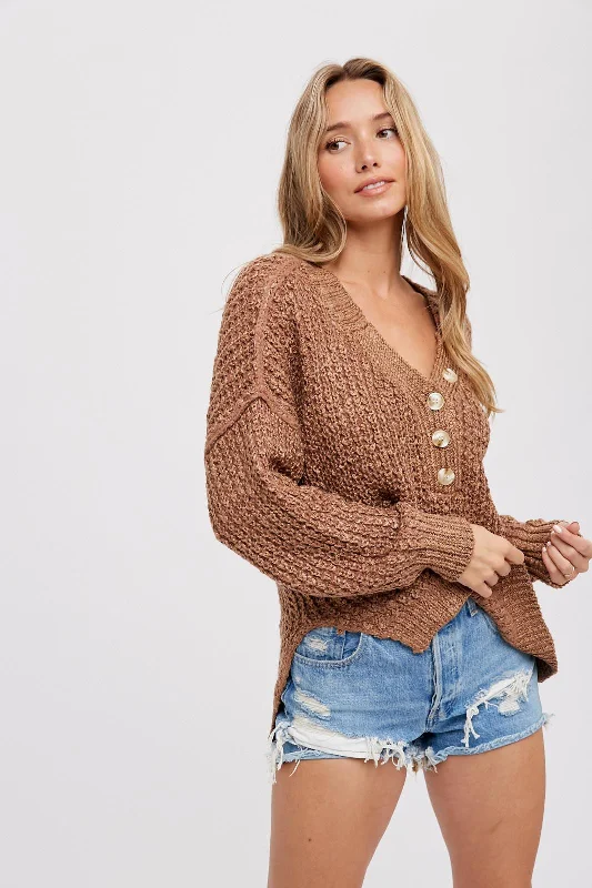 Mocha Chunky Knit Button V-Neck Sweater Fleece Sweater Nylon Polyester