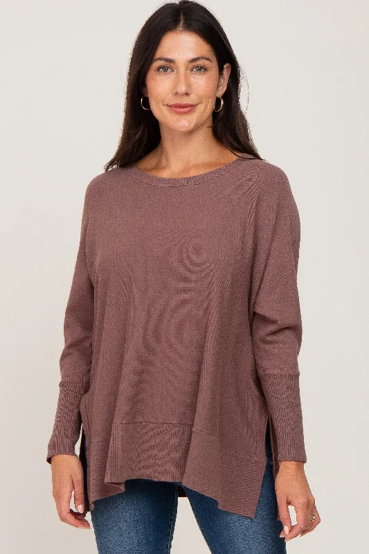 Mocha Dolman Sleeve Side Slit Sweater Sequined Glittery Shiny