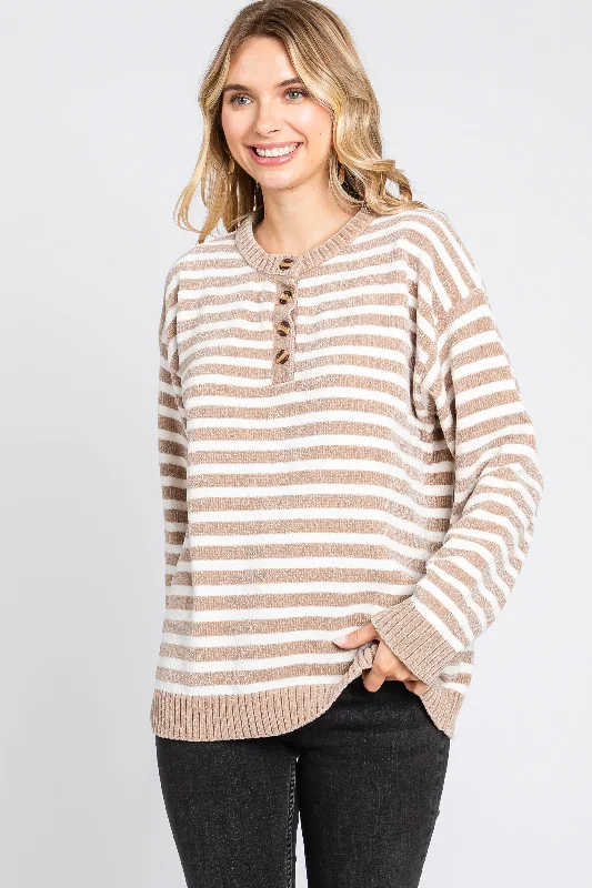 Mocha Striped Chenille Henley Sweater Fitted Loose Oversized