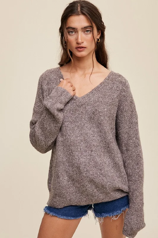 Mocha V-Neck Relaxed Fit Sweater Tailored Straight A-Line