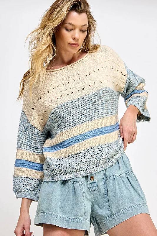 Natural Blue Open-Stitch Sweater Top Satin Blend Silk Blend Wool Blend