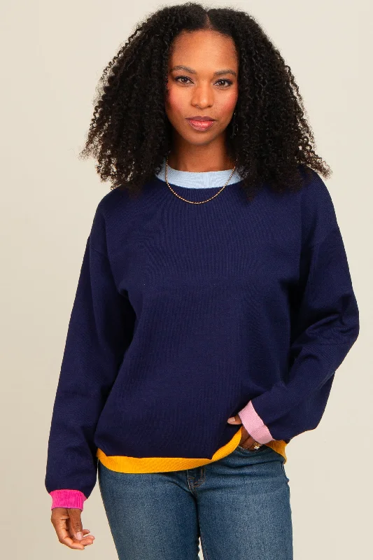Navy Blue Colorblock Trim Sweater Spandex Rayon Corduroy