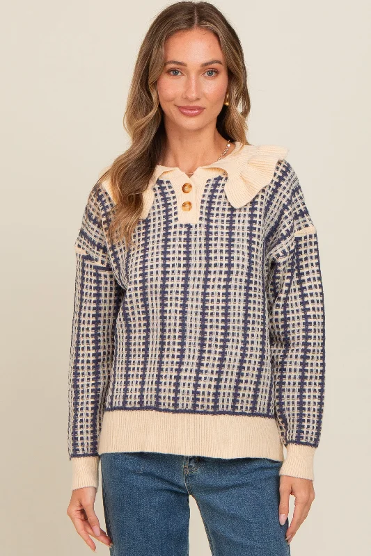 Navy Blue Ruffle Collar Button Up Waffle Knit Sweater Front Pockets Side Pockets Patch Pockets