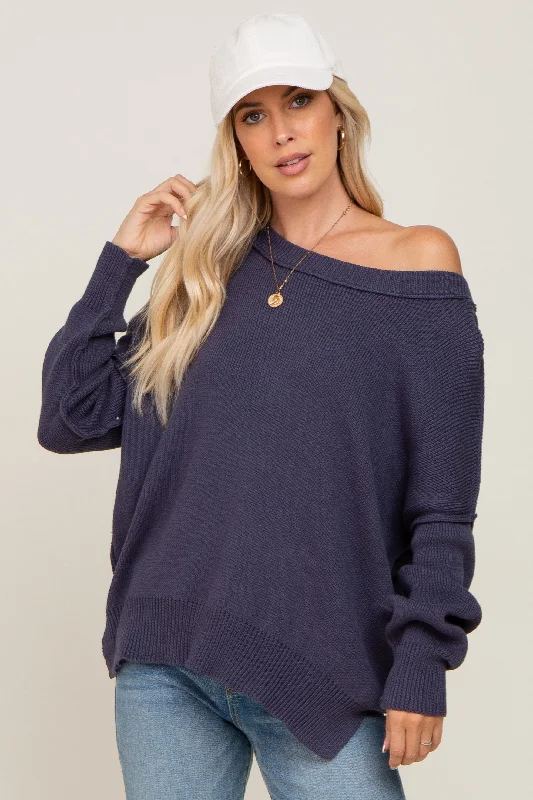 Navy Exposed Seam Side Slit Sweater Neon Metallic Matte