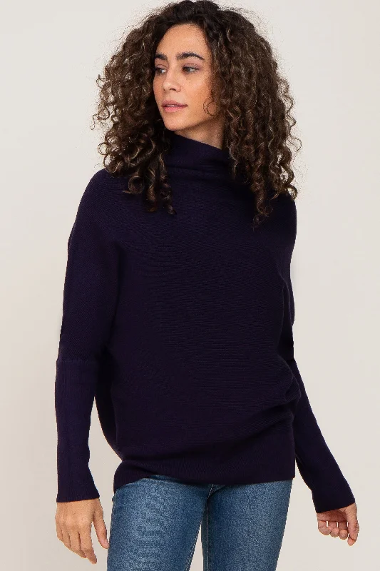 Navy Funnel Neck Dolman Sleeve Sweater Herringbone Houndstooth Plaid