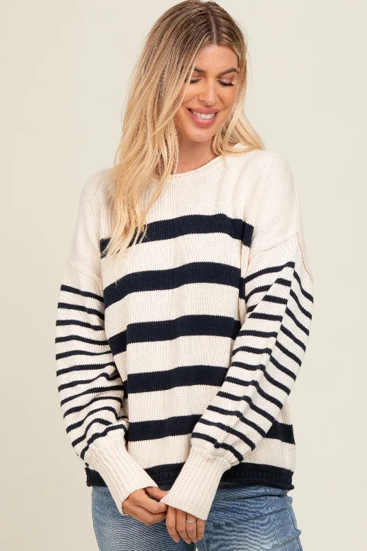 Navy Mixed Striped Knit Sweater Herringbone Houndstooth Plaid