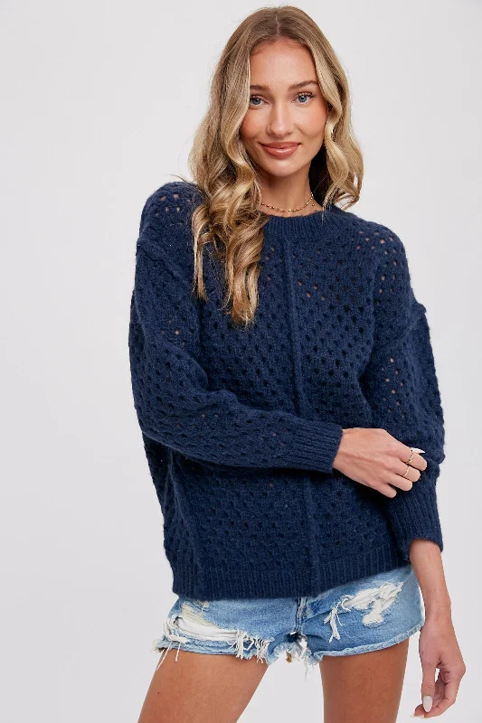 Navy Open Chunky Knit Sweater Silk Blend Satin Velvet