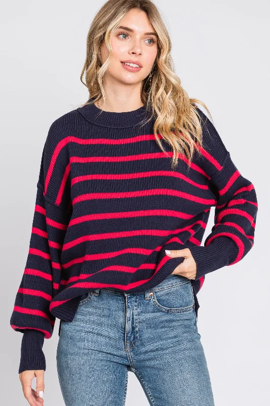 Navy Striped Long Sleeve Knit Sweater Thin Thick Dense
