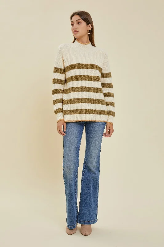 Olive Striped Color Block Mock Neck Sweater Hooded Caped Shawl Collar