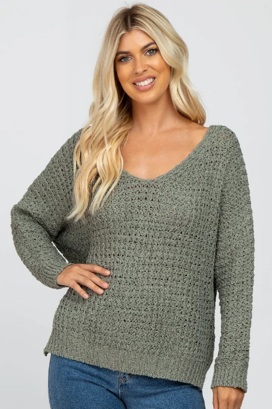 Olive V-Neck Side Slit Thick Knit Sweater Hooded Sweater Collared Sweater Shawl Collar