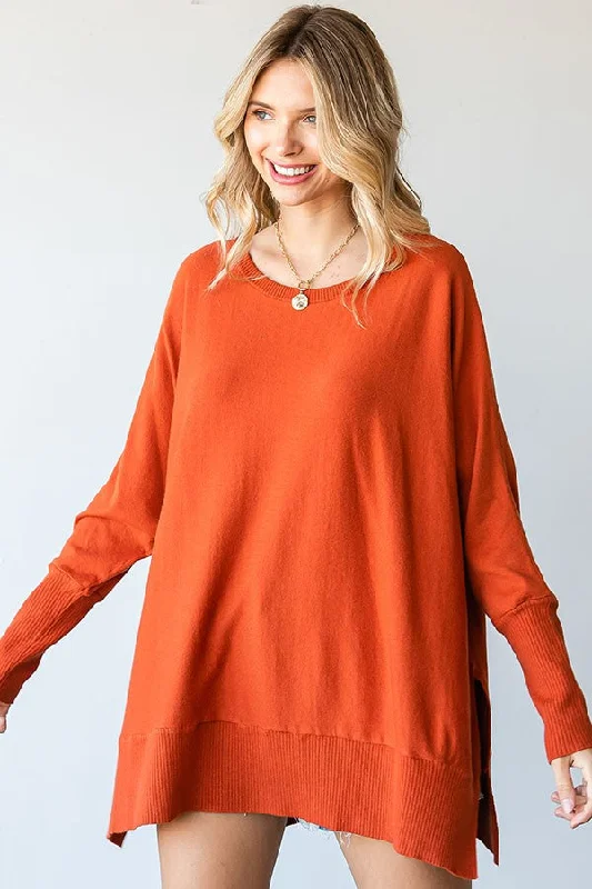 Orange Dolman Sleeve Side Slit Sweater Boxy Sweater Fitted Sweater A-Line
