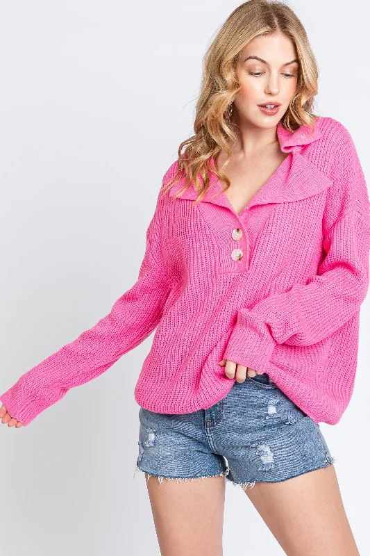 Pink Chunky Knit Front Button Sweater Front Pockets Side Pockets Patch Pockets