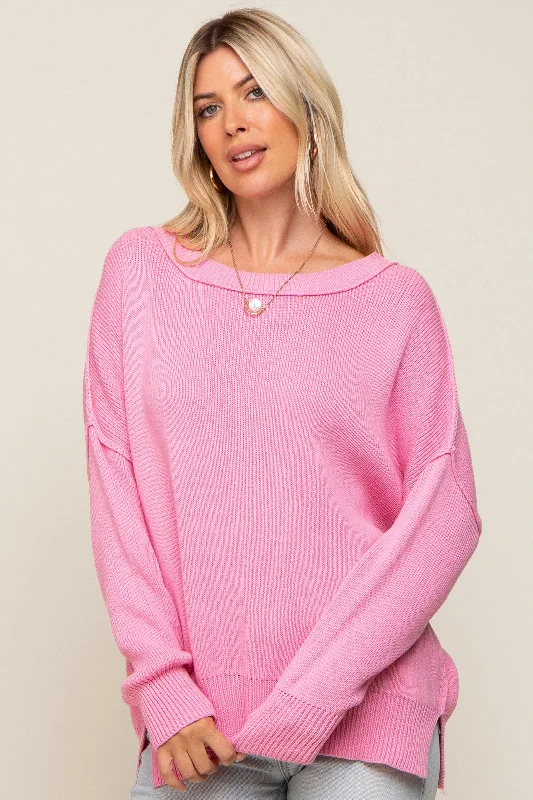 Pink Exposed Seam Side Slit Sweater Mesh Fabric Canvas Fabric Denim Fabric