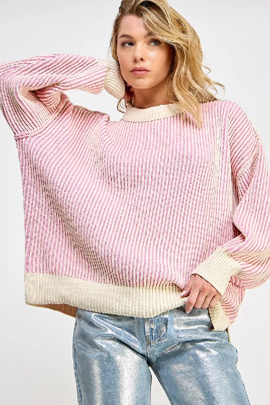 Pink Ribbed Balloon Sleeve Sweater Tailored Straight A-Line