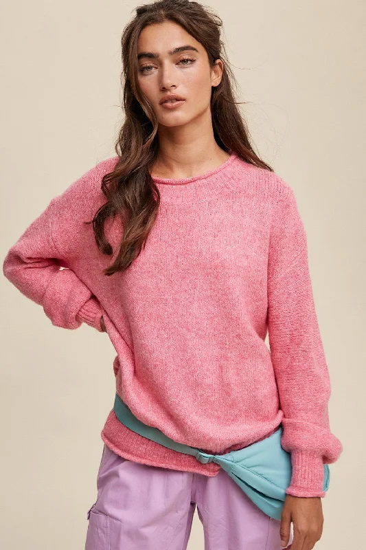 Pink Soft Knit Rolled Hem Sweater Lightweight Heavyweight Midweight