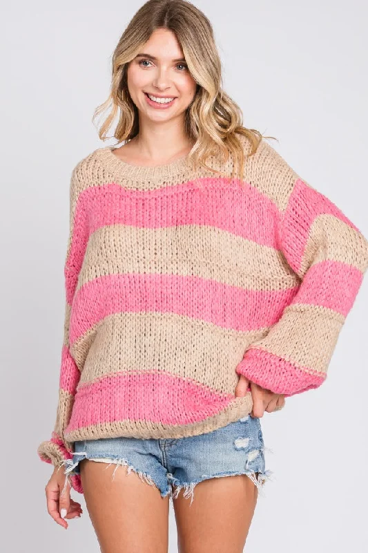 Pink Striped Knit Sweater Chenille Brocade Lace