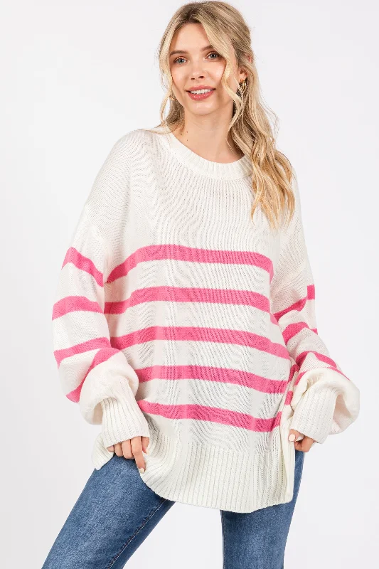 Pink Striped Oversized Side Slit Sweater Terry Blend Velvet Blend Canvas Blend