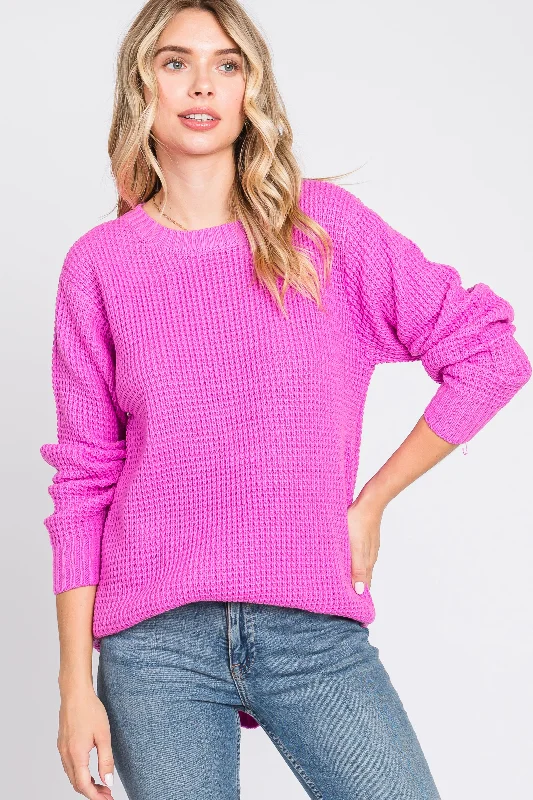 Pink Waffle Knit Round Hem Sweater Ribbed Striped Patterned