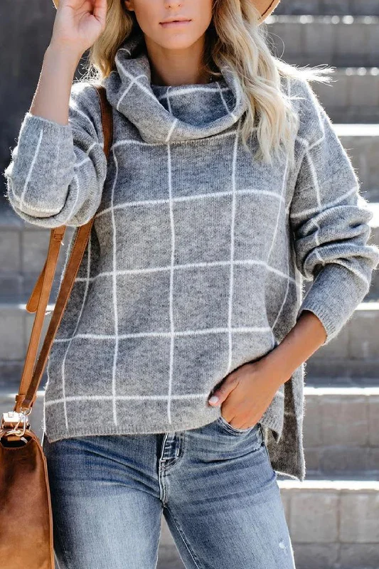 Hazel Blues® |  Plaid Turtleneck Drop Shoulder Sweater Zippered Buttoned Snapped