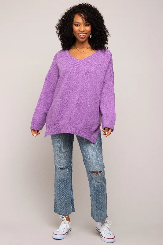 Purple Dolman Sleeve Side Slit Sweater Plaid Sweater Polka Dot Checkered