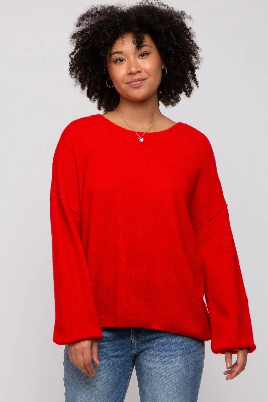 Red Basic Drop Shoulder Sweater Spandex Blend Rayon Blend Denim Blend