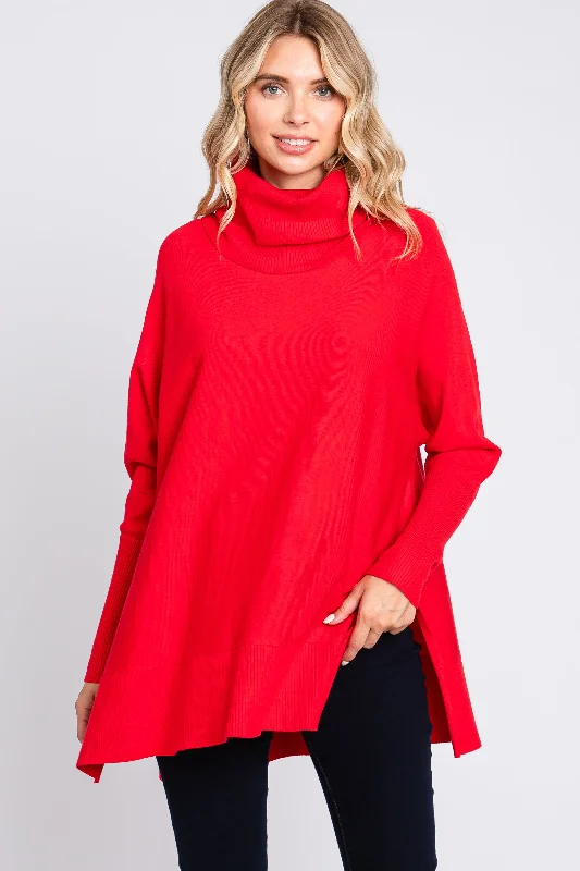 Red Cowl Neck Dolman Sleeve Sweater Anti-Pilling Anti-Shrink Durable