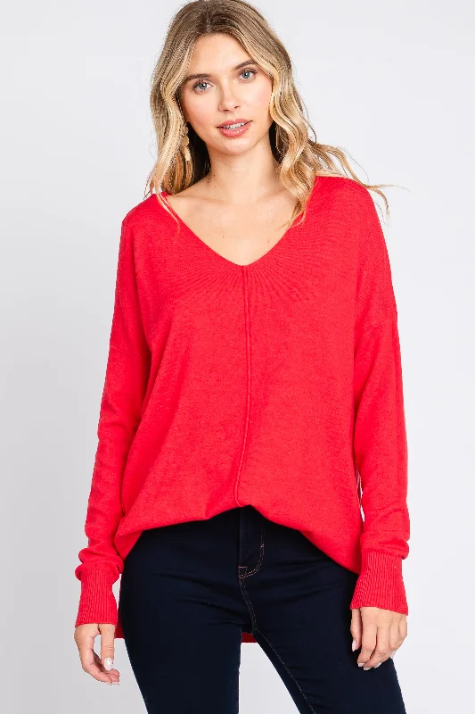 Red Long Sleeve Side Slit Sweater Houndstooth Herringbone Solid