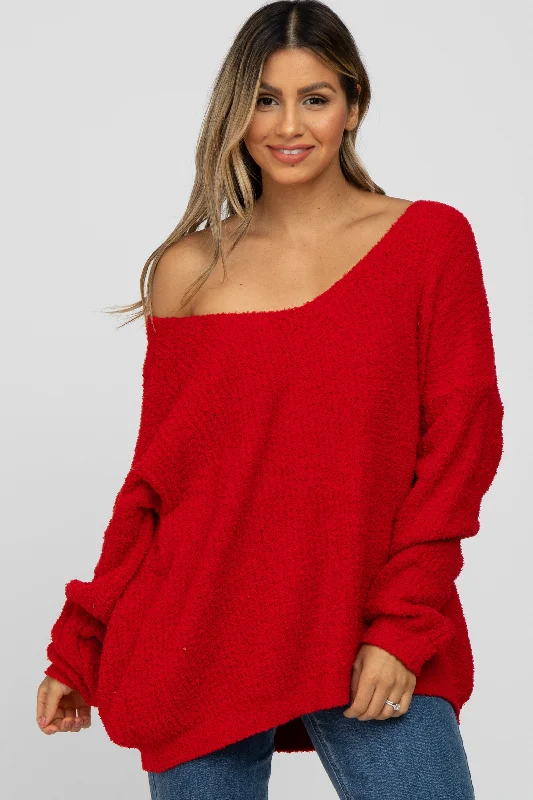 Red V-Neck Soft Sweater Terry Blend Velvet Blend Canvas Blend